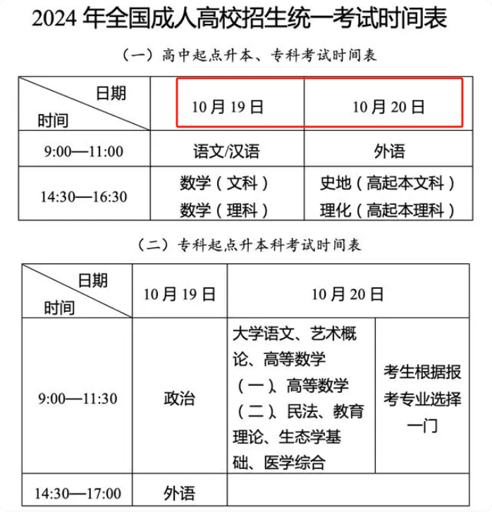 2024年成人高考是哪一天（10月19日至20日）-图1